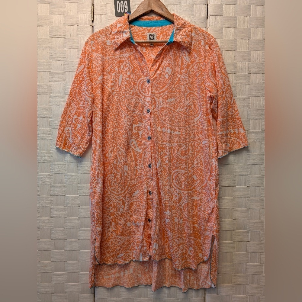 Anne Klein Orange Paisley Button Down Tunic Dress High Low Hem 3/4 Sleeve Small - Picture 3 of 8